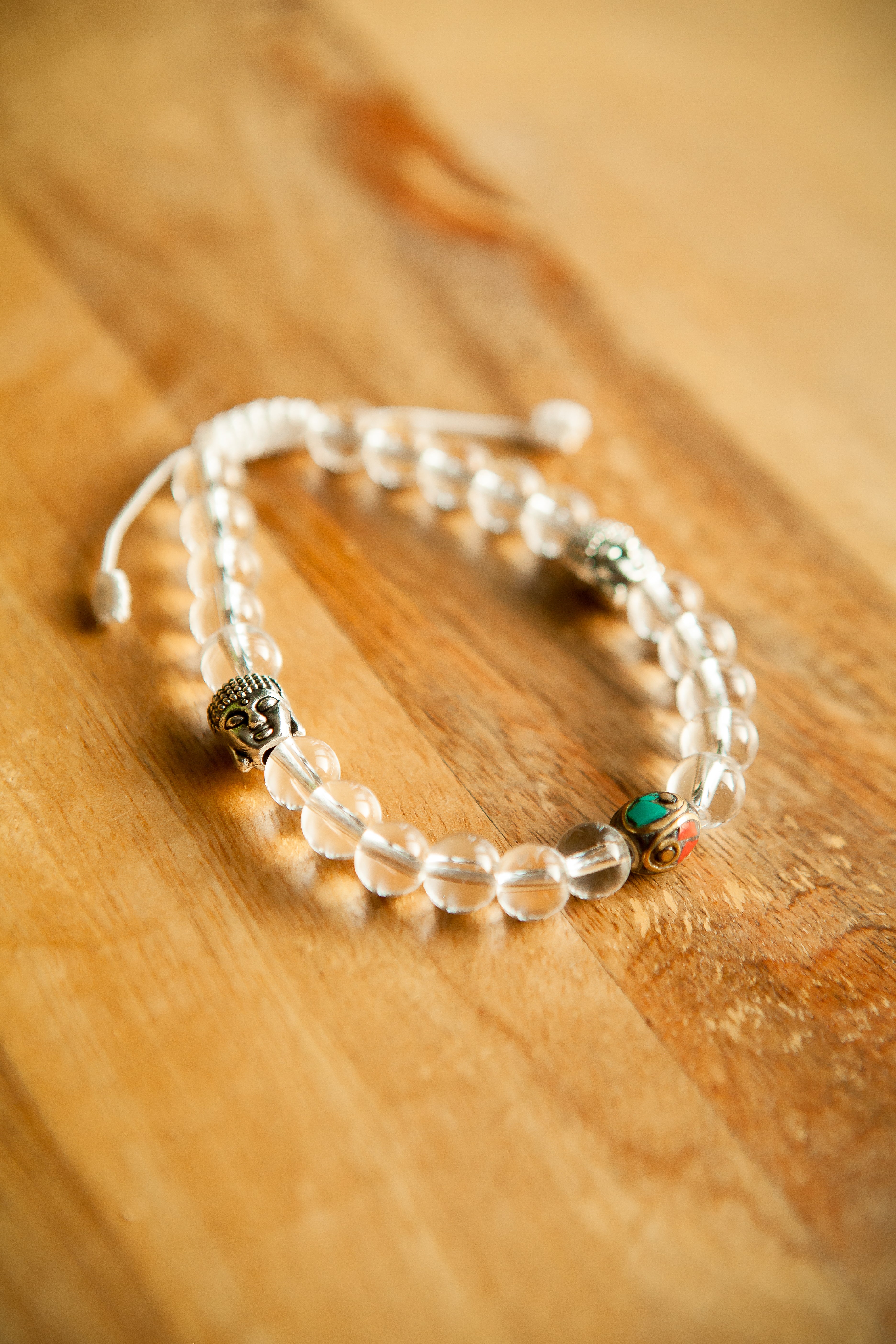 Bracciale in Cristallo 8 mm con 20 Grani, 2 Buddha e Perla Segnaposto