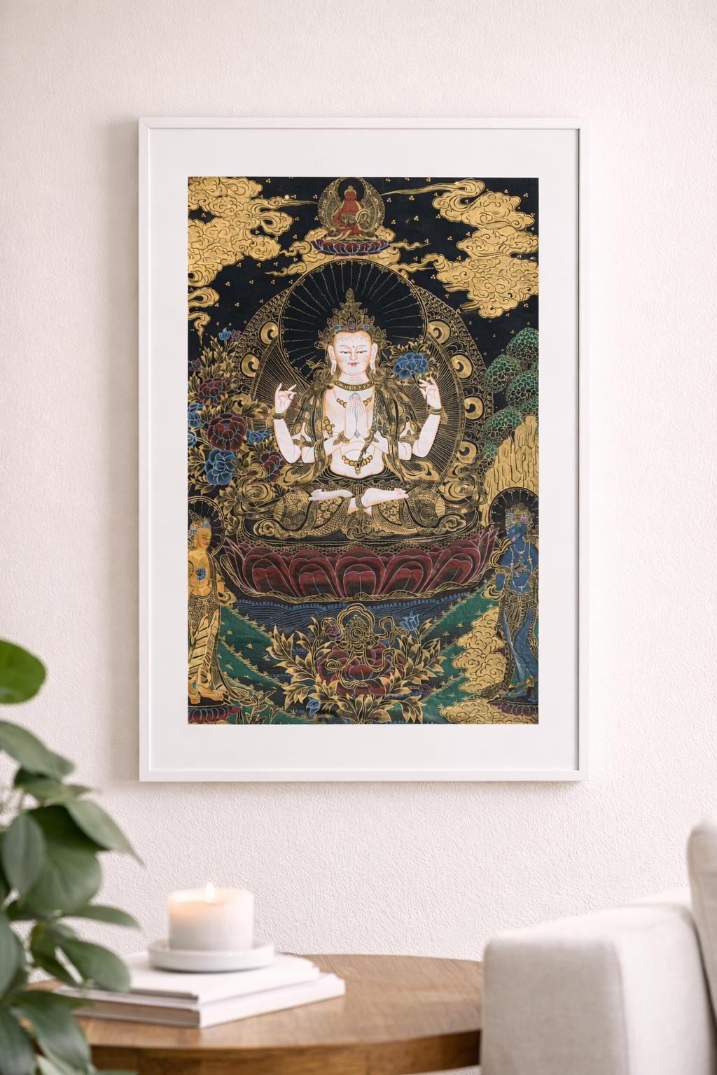 Dipinto Tibetano su Tela – Avalokiteshvara (Chenrezig) – 93 × 67 cm