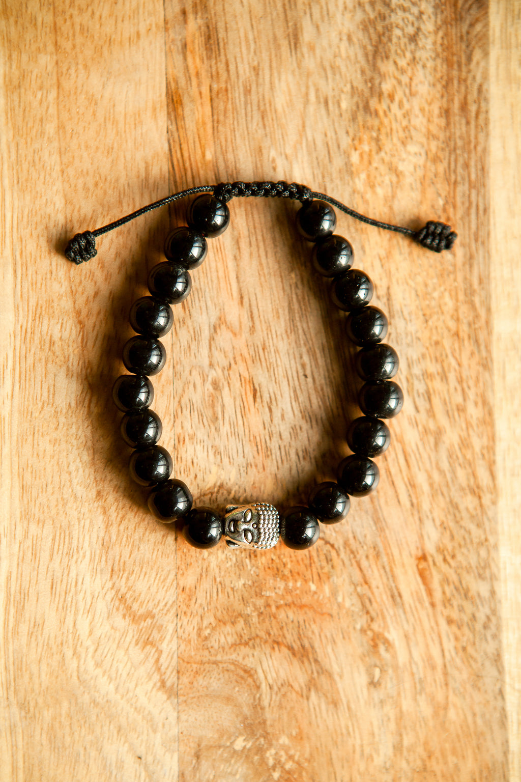 Bracciale in Onice Nero 8 mm con Testa di Buddha – 20 Grani