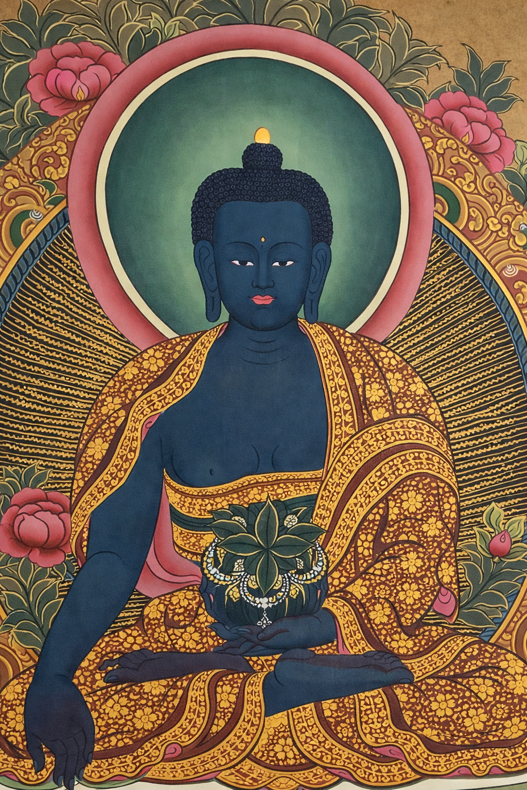 Dipinto Tibetano Tradizionale del Buddha della Medicina 62 x 43 cm