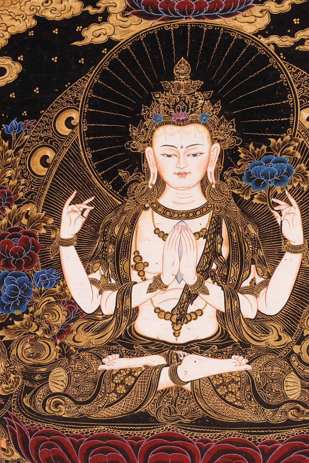 Dipinto Tibetano su Tela – Avalokiteshvara (Chenrezig) – 93 × 67 cm