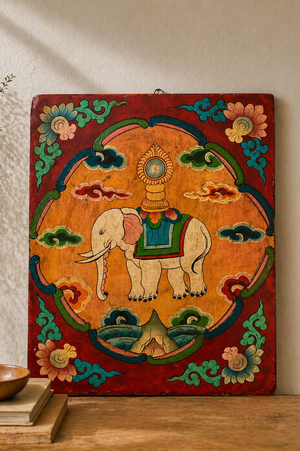 Pannello in legno dipinto a mano – Elefante simbolico (28 × 36 cm)