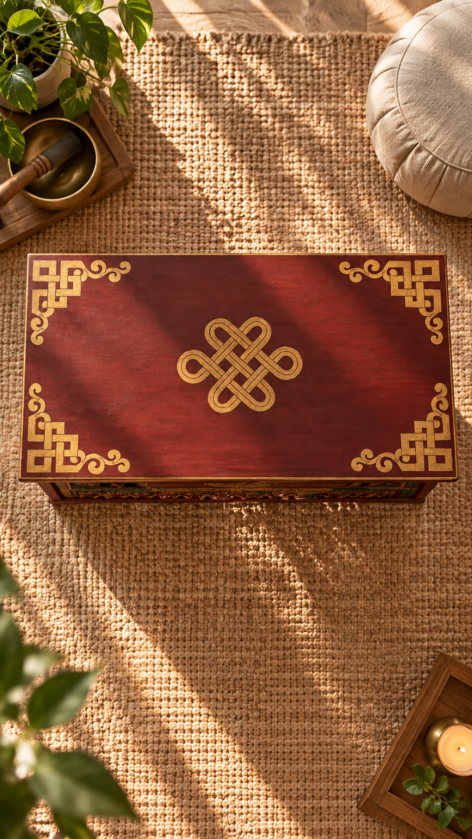 Tavolo da Meditazione Pieghevole in Legno con Leoni delle Nevi