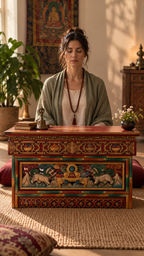 Tavolo da Meditazione Pieghevole in Legno con Leoni delle Nevi