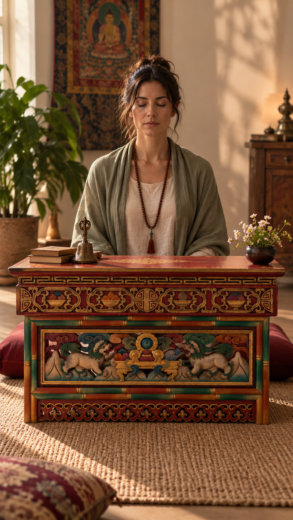 Tavolo da Meditazione Pieghevole in Legno con Leoni delle Nevi